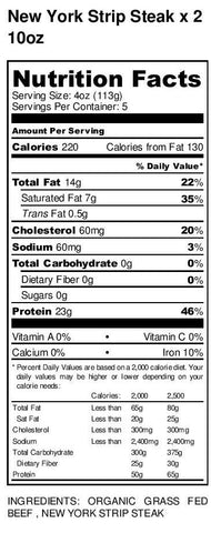 Organic Grass-fed New York Strip Steak nutritional label