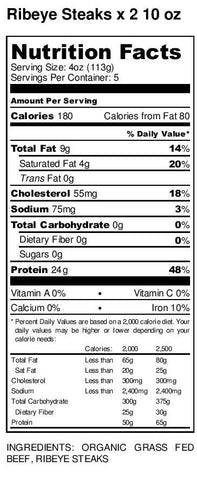 Organic Grass-fed Ribeye Steak nutritional facts label