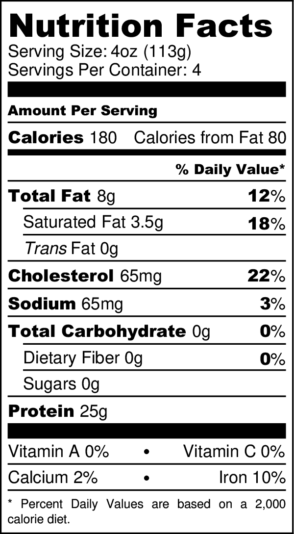 Organic Grass-fed Steak Bites nutritional facts label