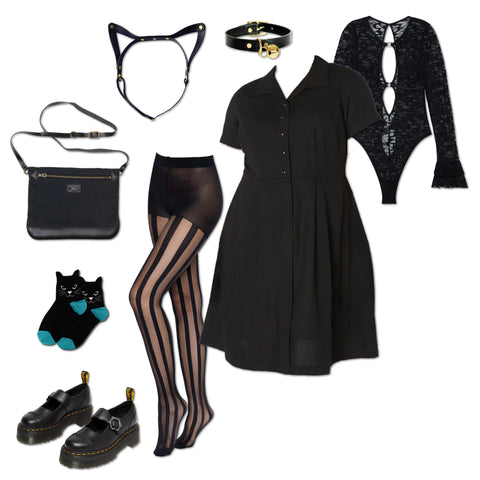 An assortment of black garments and accessories to layer to create a casual black cat costume for Halloween.