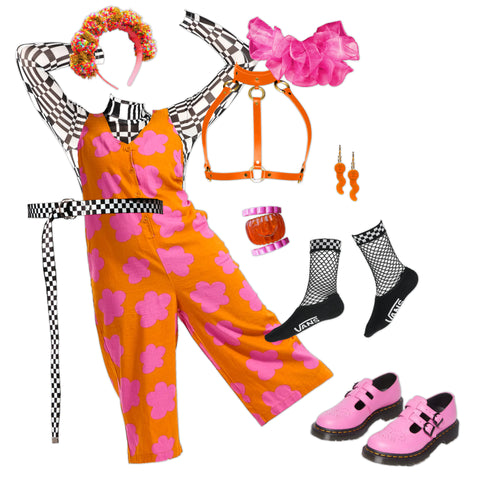 Collage of clothing and accessories that make the wearer look like a fashionable clown if styled just right.