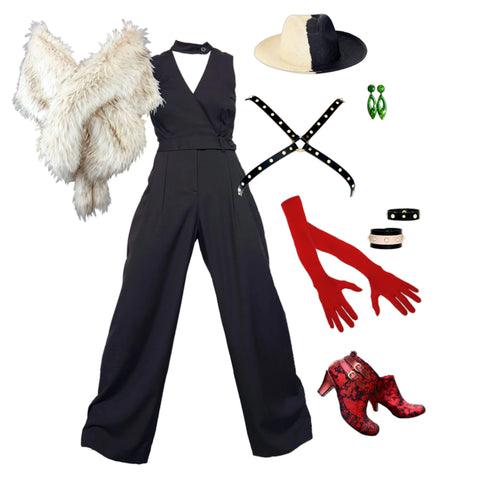 A collection of garments and accessories that will portray a creative cosplay of Disney villain Cruella De Vil when styled together.