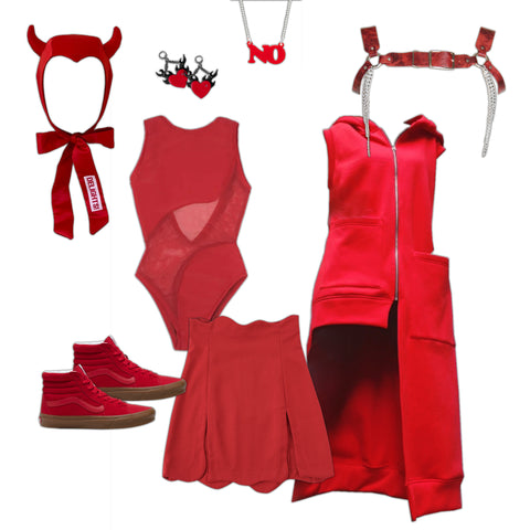 A collage of all red garments and accessories that create a devil-inspired Halloween costume.