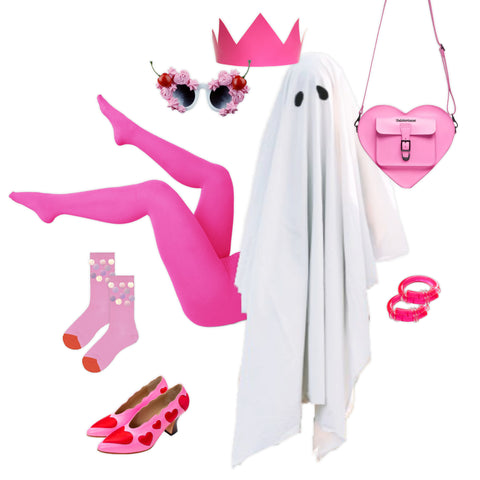 A collection of pink accessories paired with a white bedsheet for a classic ghost costume with a femme twist.