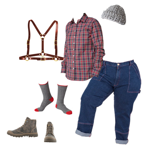 Photo collage of clothings and accessories that would make one look like a lumberjack if styled all together.