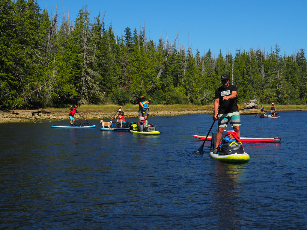 family paddling on SUP's along the river North Vancovuer island 