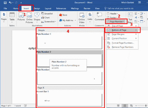 Insert page numbers in word