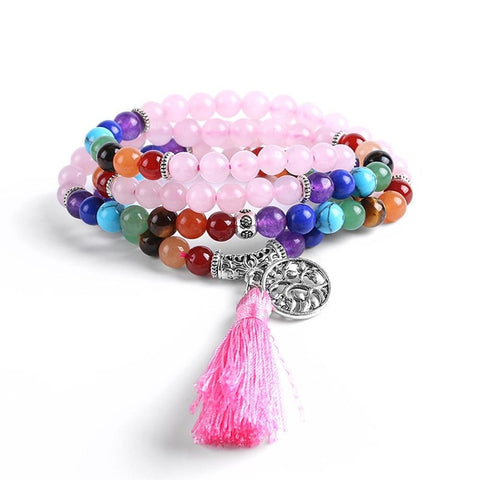 Japamala Quartzo Rosa e Pedras 7 Chakras com Tassel Rosa e Pendente Raízes