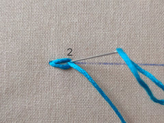 •	Again, bring needle down at the same hole at point 2, leave a loop, then catch the loop with your next stitch at point 3 and tighten. 