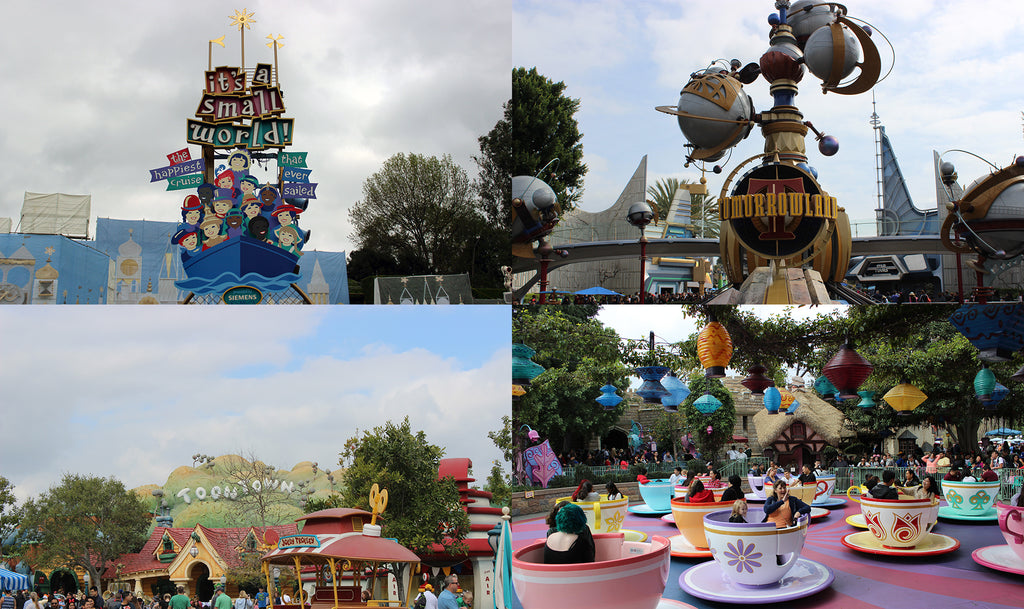Disneyland attractions Small World, Tomorrowland, Toontown, and the spinning teacups