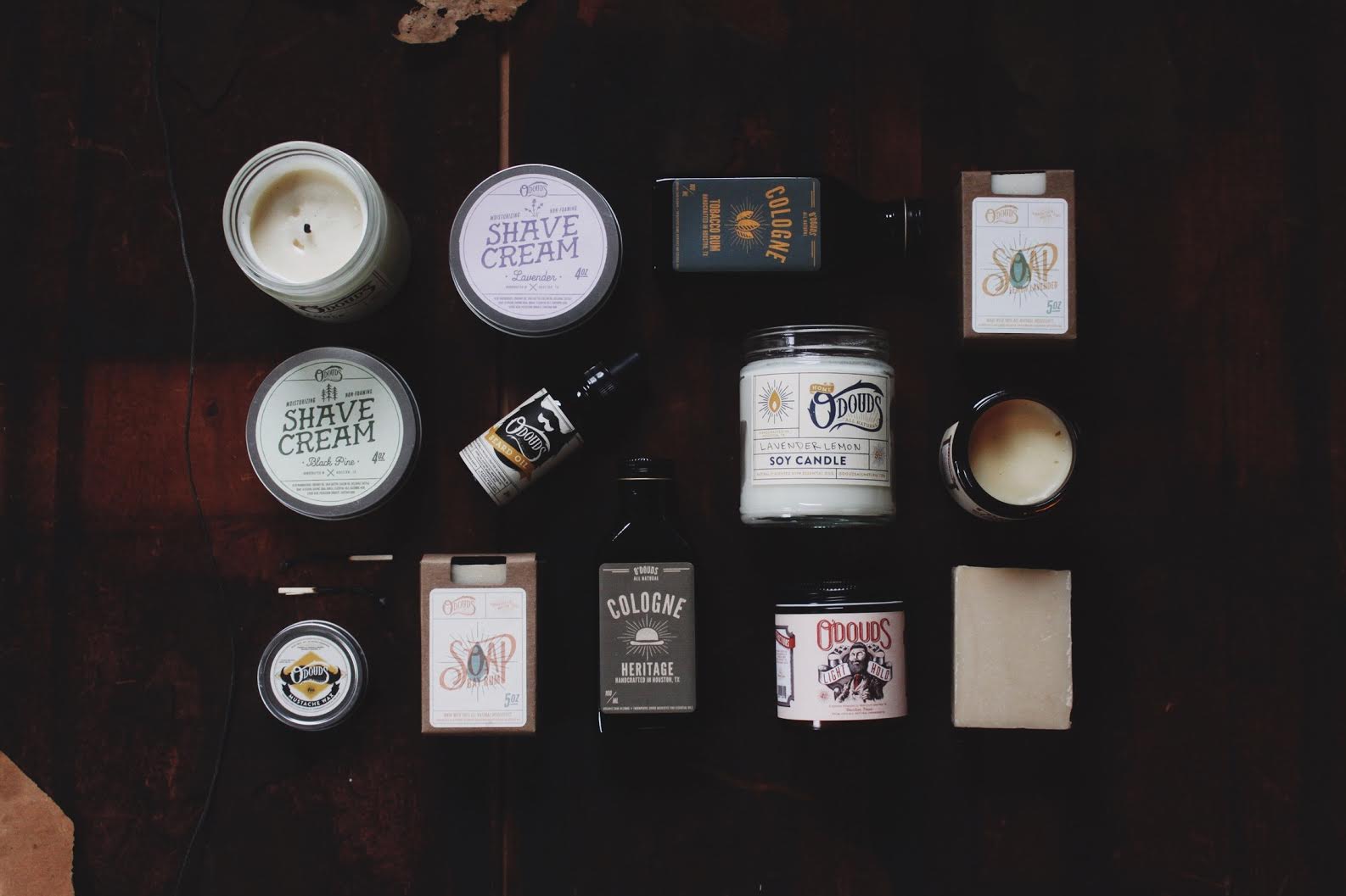 assortment of new O douds cologne, soap, wax and pomade