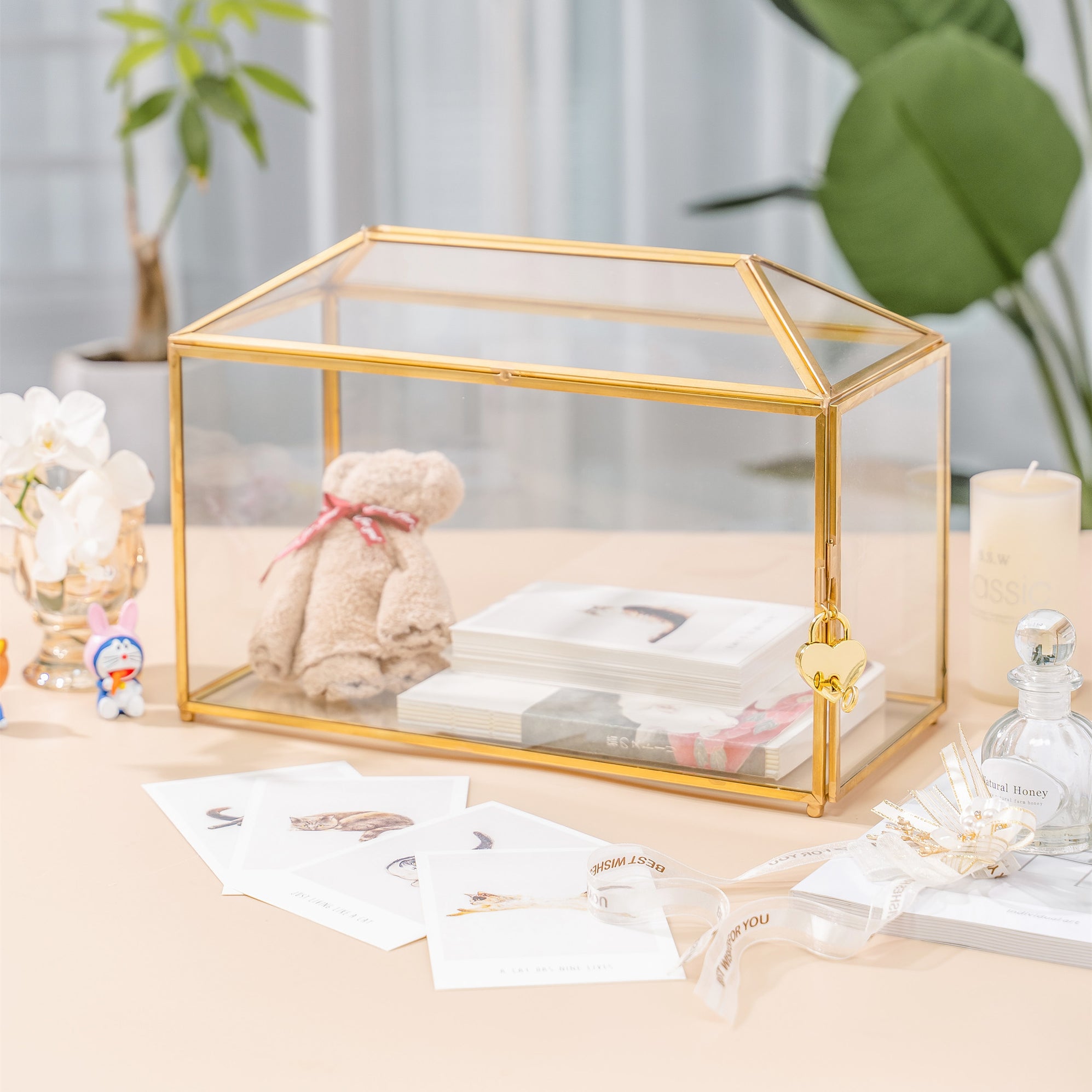 Large Geometric Glass Card Box Terrarium With Slot And Heart Lock Foot