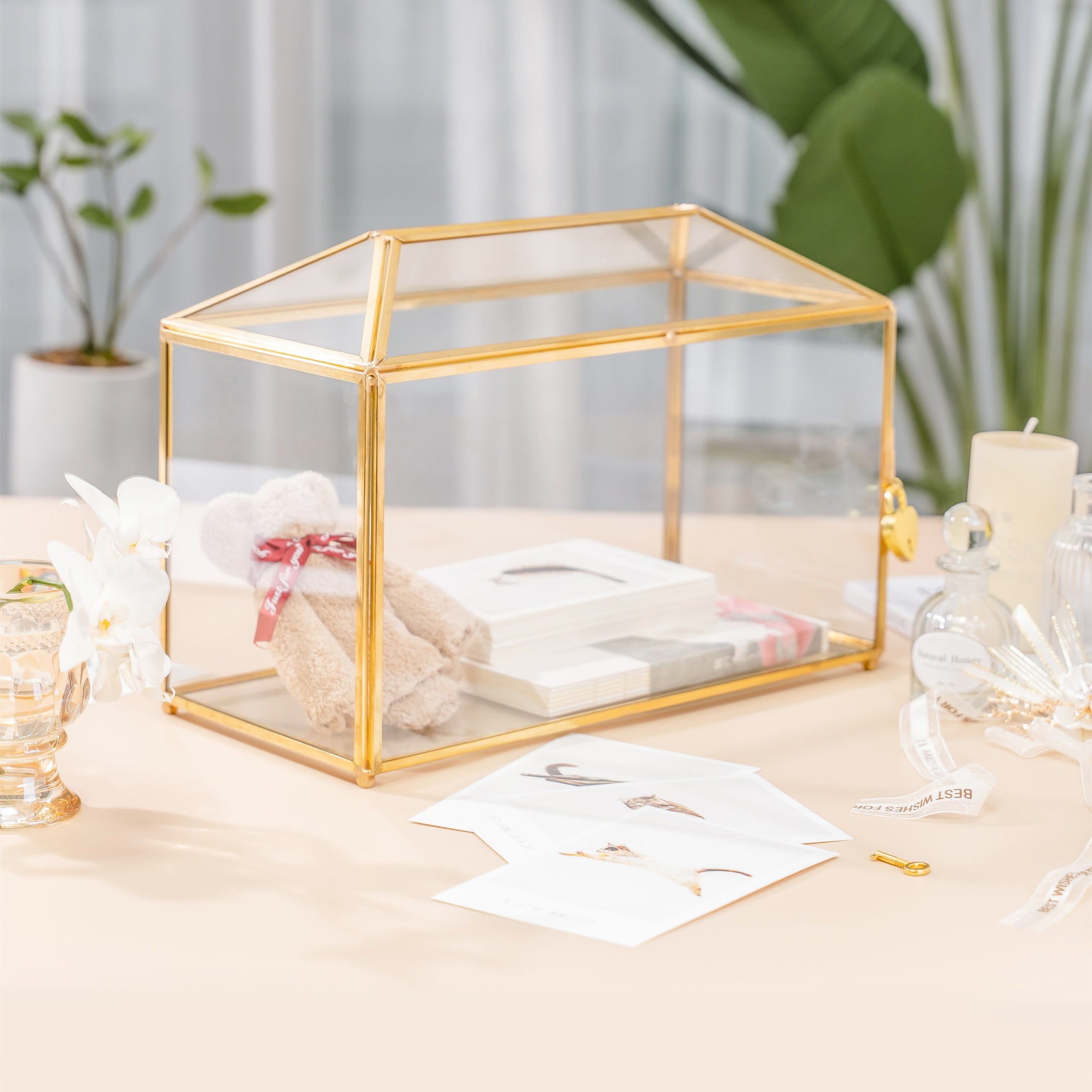 Large Geometric Glass Card Box Terrarium With Slot And Heart Lock Foot Gold Handmade Brass