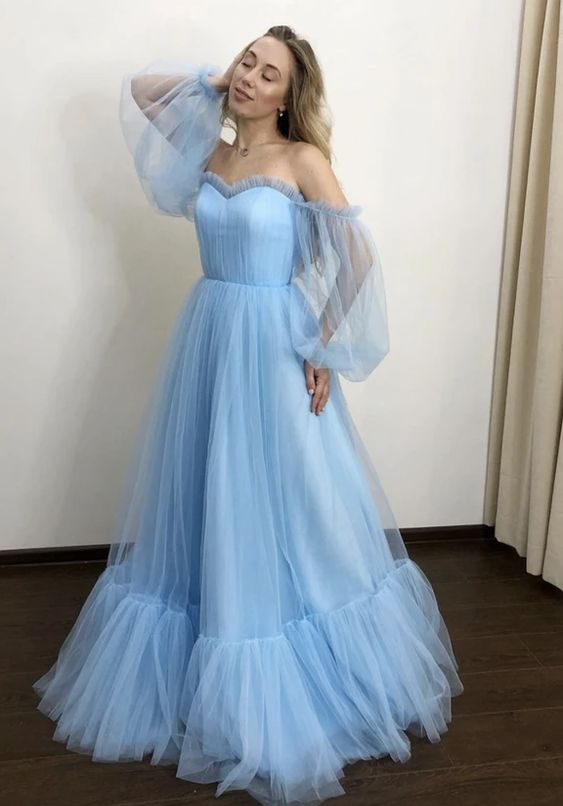 Blue tulle long prom dress A line evening dress fg1581 – formalgowns