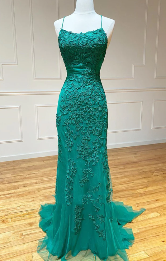 V Neck Backless Teal Lace Foral Long Prom Dresses, Open Back Teal Lace –  abcprom