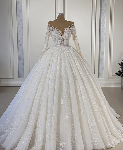 Sheer Neck Lace Wedding Dress Ball Gown Long Sleeves fg711 – formalgowns