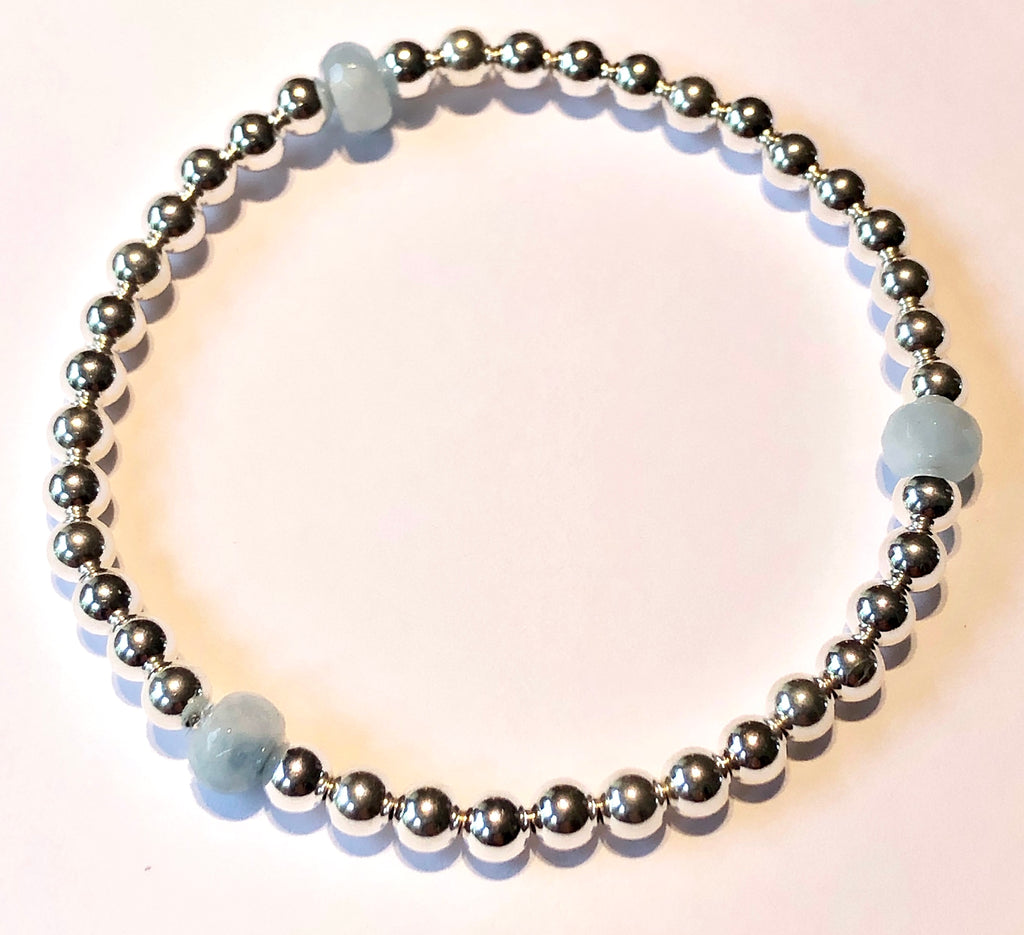 4mm Sterling Silver Bead Bracelet with 3 6mm Aquamarine