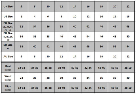 Clothing size comparison chart