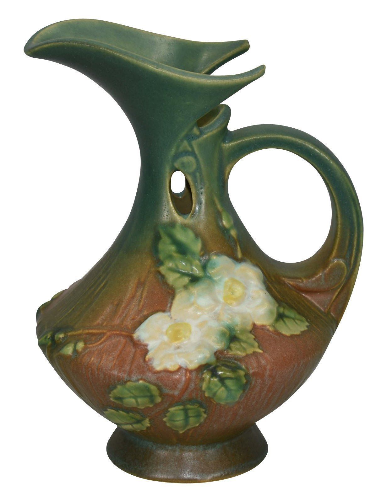 Roseville Pottery White Rose Brown And Green Ewer 981-6 | Just Art Pottery