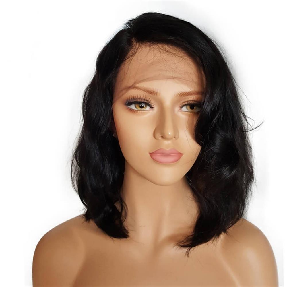 Puddinghair Short Body Wave Lace Frontal Bob Wig 100 Human Hair Without Bangs Natural Black
