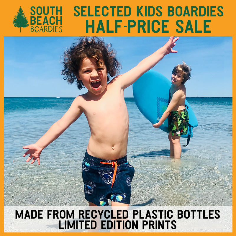 Eco Friendly Kids Board Shorts made from Recycled Plastic Bottles by South Beach Boardies. Designed in Fremantle, Western Australia. Kids Sale Now On.