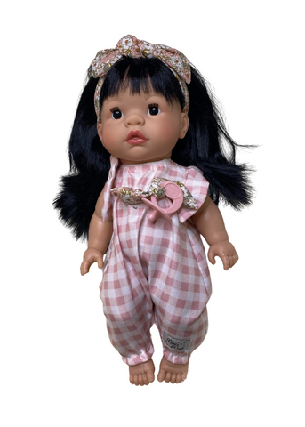 Doll Joy Brunette with Pink and White Plaid Overalls, 37 cm 1012 Nines