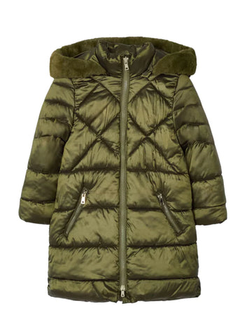 Long Fass Jacket for Girls, Glossy Green with Hood and Fur 4415 mayoral