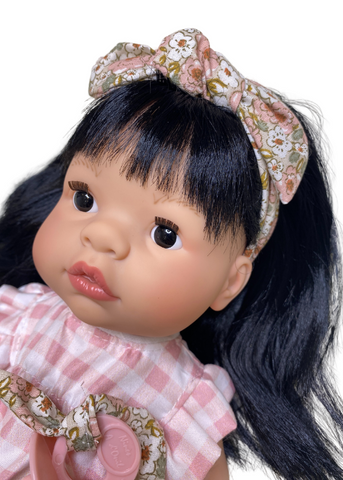 Doll Joy Brunette with Pink and White Plaid Overalls, 37 cm 1012 Nines