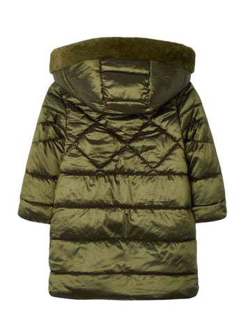 Long Fass Jacket for Girls, Glossy Green with Hood and Fur 4415 mayoral