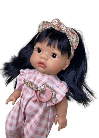 Doll Joy Brunette with Pink and White Plaid Overalls, 37 cm 1012 Nines