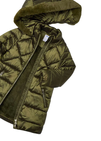 Long Fass Jacket for Girls, Glossy Green with Hood and Fur 4415 mayoral