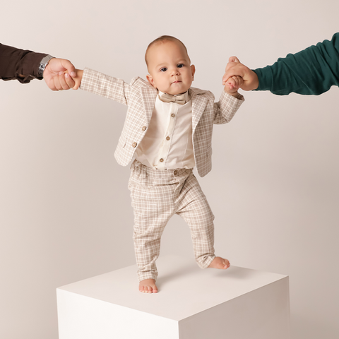 Boys Christening Suit - Pure elegance in the AnneBebe Complete Set with Jacket and Pants in Beige Checks