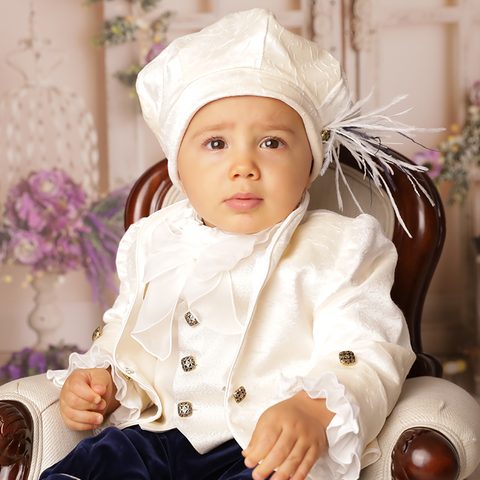 Boys Christening Costume Print Velvet Capucino Vest Capucino With Gold Thread