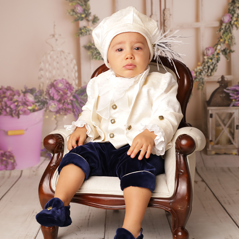 Boys Christening Costume Print Velvet Capucino Vest Capucino With Gold Thread