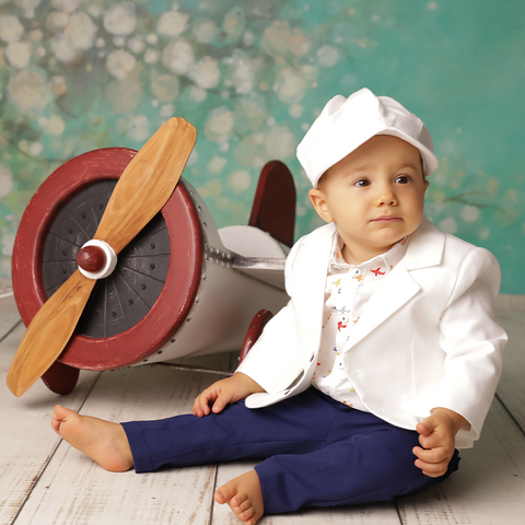 Boys Baptism Costume Cream Jacket Shirt Print Airplanes AnneBebe