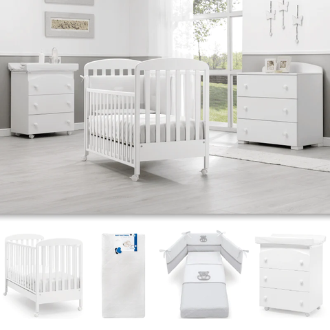 Package of 4 pieces Cot + Mattress + Textile Protection Set + Nido Chest of Drawers