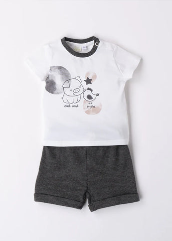 Set of 2 White Pig Print T-Shirt & Gray Shorts for Boys 6079 iDO