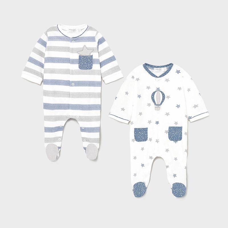 Set of 2 Baby Boy Overalls Elastic Cotton White & Blue Mayoral 1625