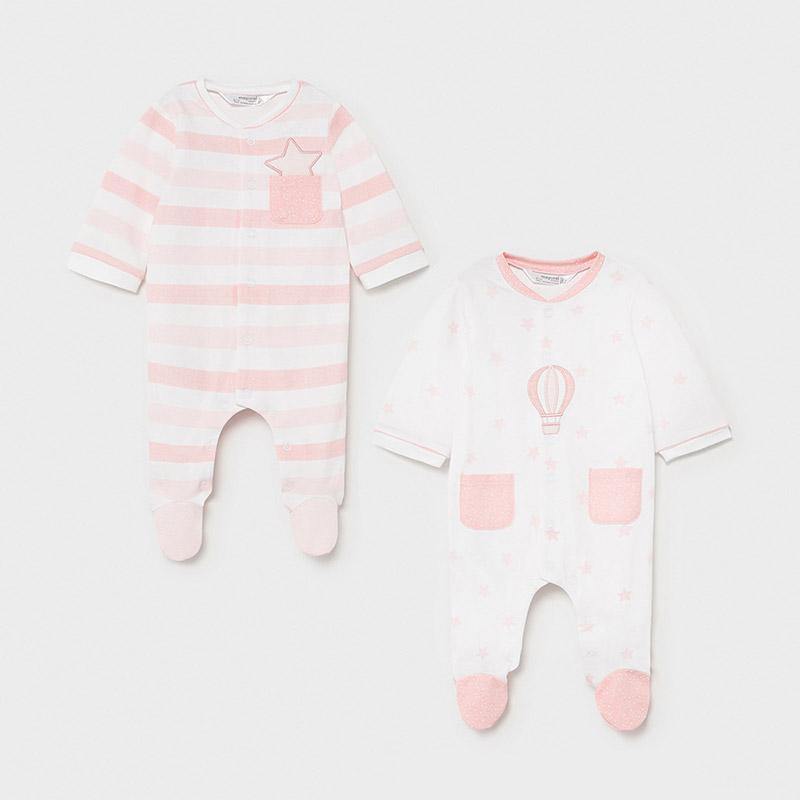Set of 2 Baby Girl Overalls Elastic Cotton White & Pink Mayoral 1625