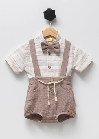 Set of 3 pieces Mickraz Short Brown Overalls Striped Shirt Bow Tie Cumino 3268