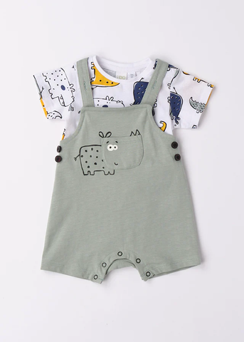 Sage Green Short Jumpsuit & Rhinoceros Print T-Shirt Set for Boys 6615 iDO