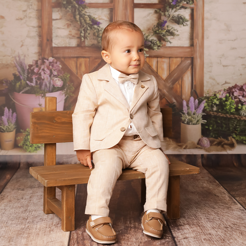 Angel Baptism Costume for Boys Made of Linen & Cotton Beige Jacket and Pants AnneBebe