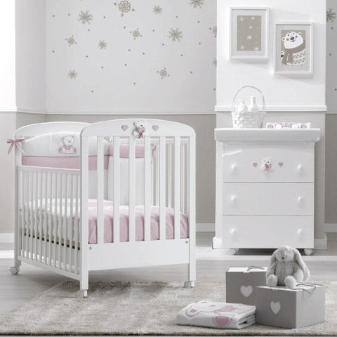 Дитяче ліжечко Tatino Erbesi італійського дизайну з шухлядою та висувними боками біло-рожевого кольору