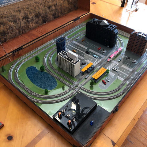 Completed Z scale train layout in a box