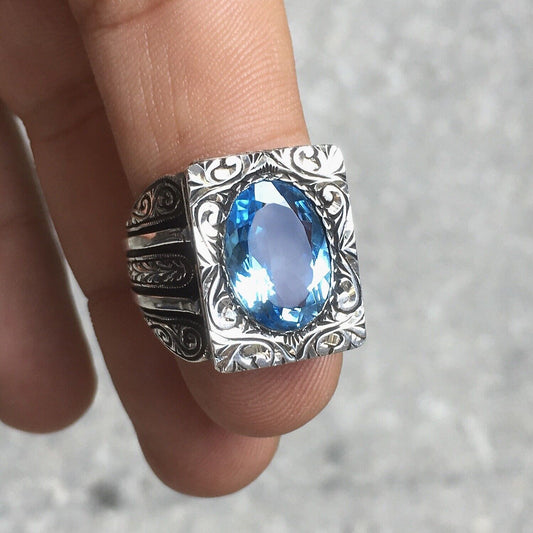 Sterling Silver Men’s Ring Swiss Blue Topaz Handcrafted Unique Persona