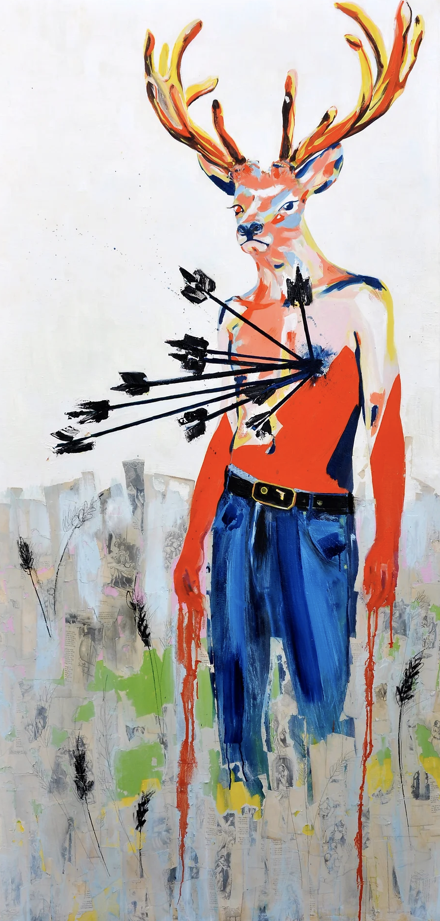 The Stag with One Eye 2012 (3'x6') Mixed Media Collage and oil on Canvas