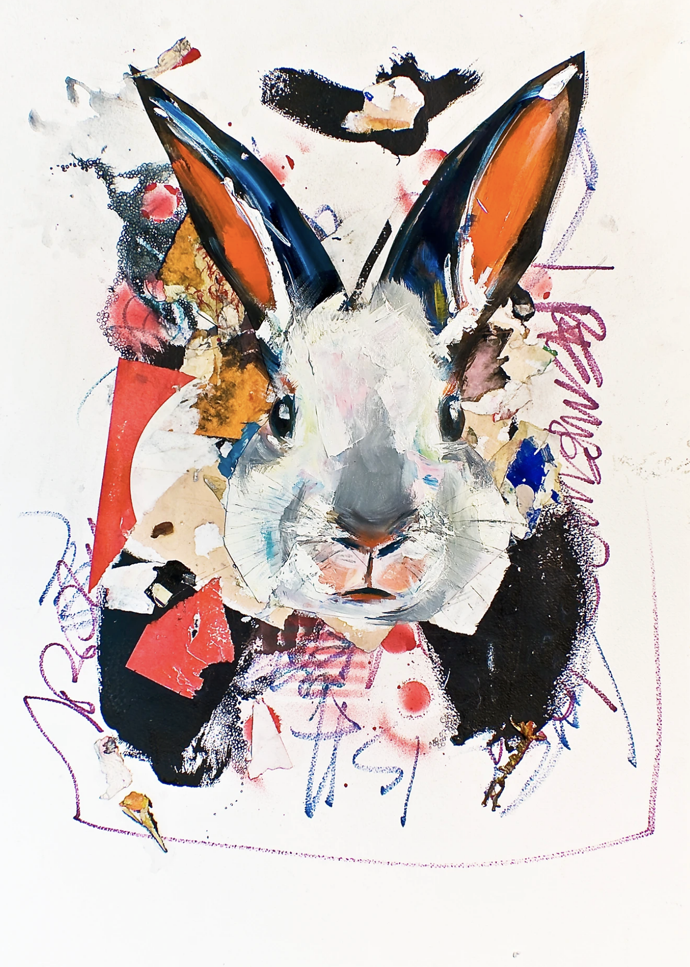 The White Rabbit 2013 (22.5'x30.5') Mixed Media Collage and Oil on archival paper. Inspiration: English Fairytale from Lewis Carroll's 'Through the Looking Glass and What Alice Found There."