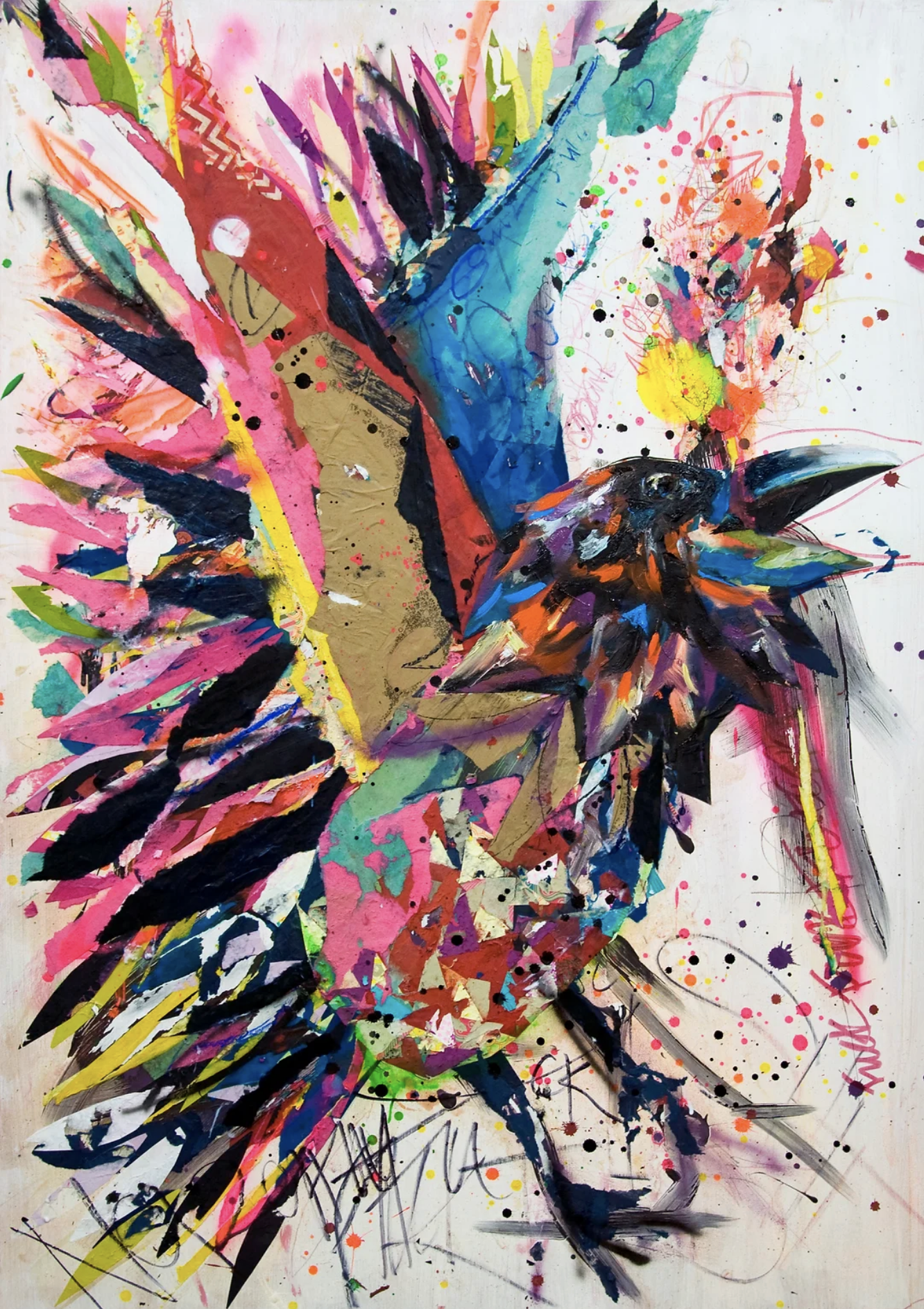 Rainbow Crow 2014 (46'x66') Mixed Media Collage and Oil on panel board. Inspiration: Native American, Lenape. Tale of how the crow lost its colors saving the world.