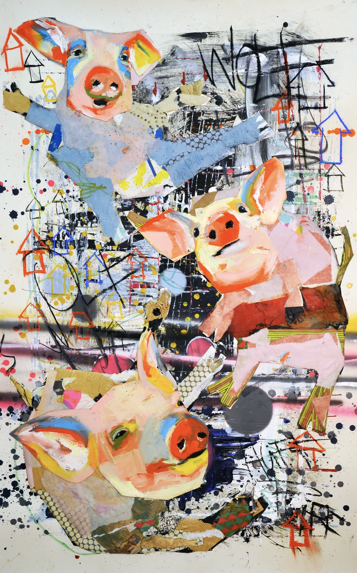 3 Little Piggies 2014 (42'x25') Mixed Media Collage and Oil on archival paper. Inspiration: Three little pigs tale.