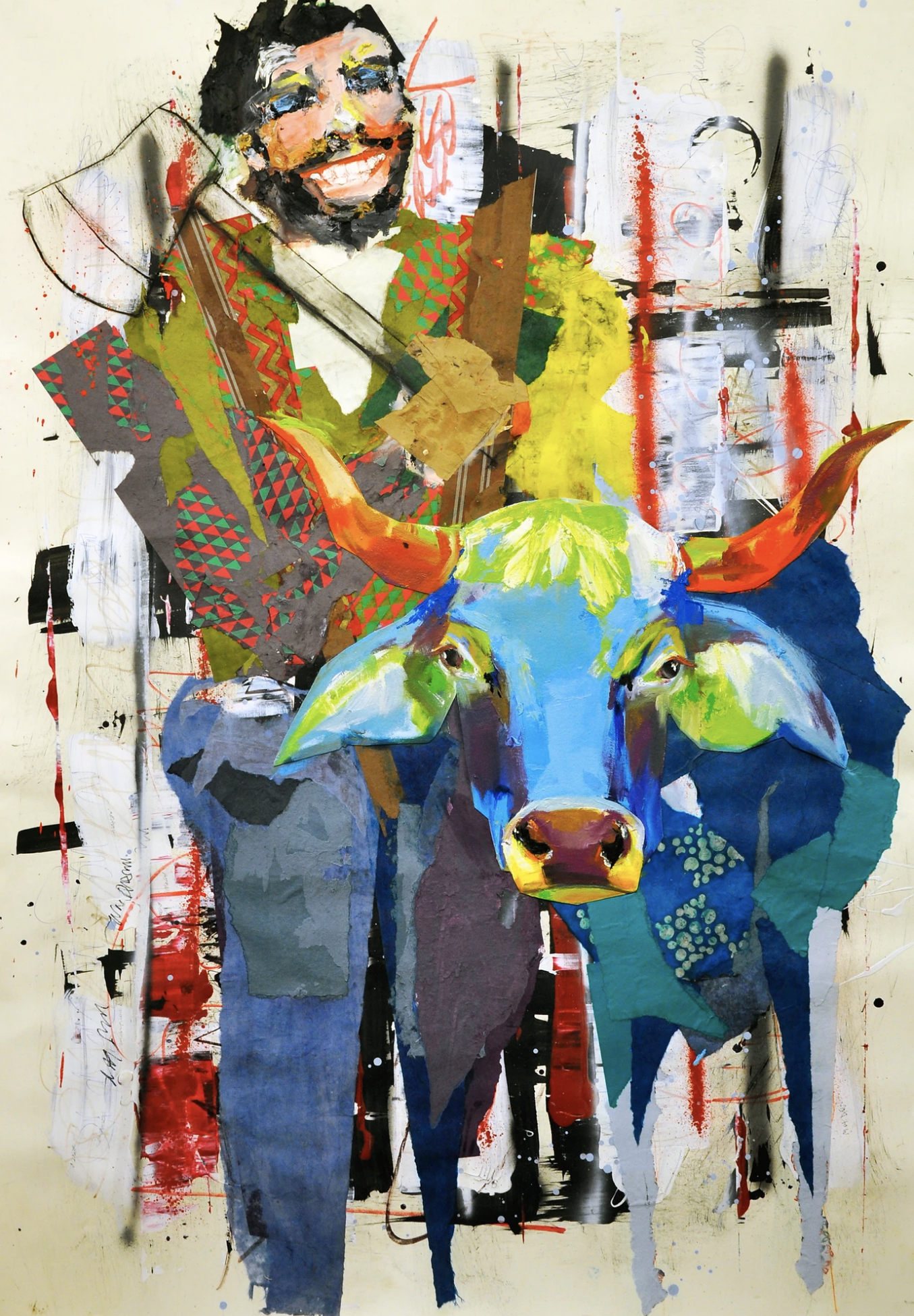 The Blue Babe and the Hunk-a-Chunk 2014 (50'x44') Mixed Media Collage and Oil on archival paper.